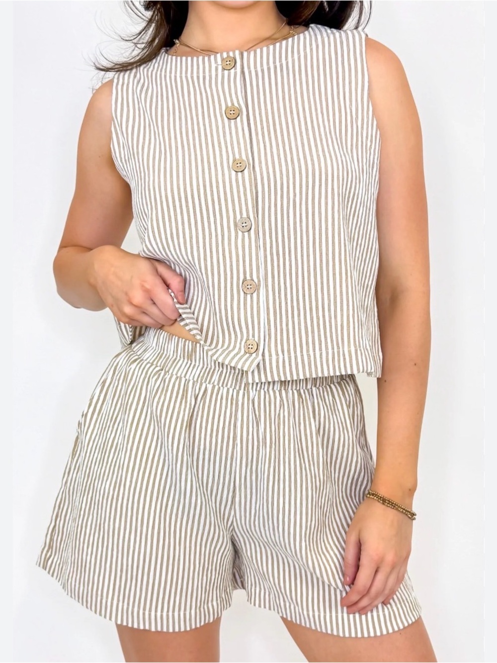 Striped Linen-Feel Button Front Tank & Shorts Set - Taupe/White
